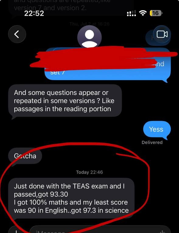 iMessage — student passed TEAS with 93.30%