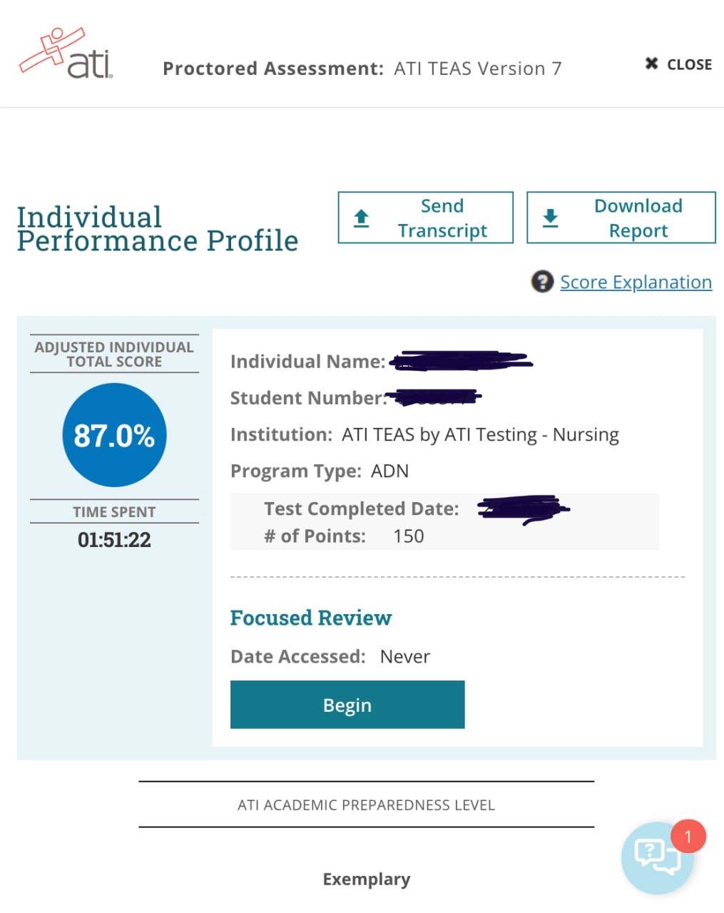 ATI TEAS 7 score 87.0%