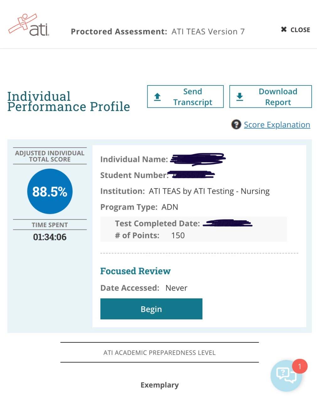 ATI TEAS 7 score 88.5%