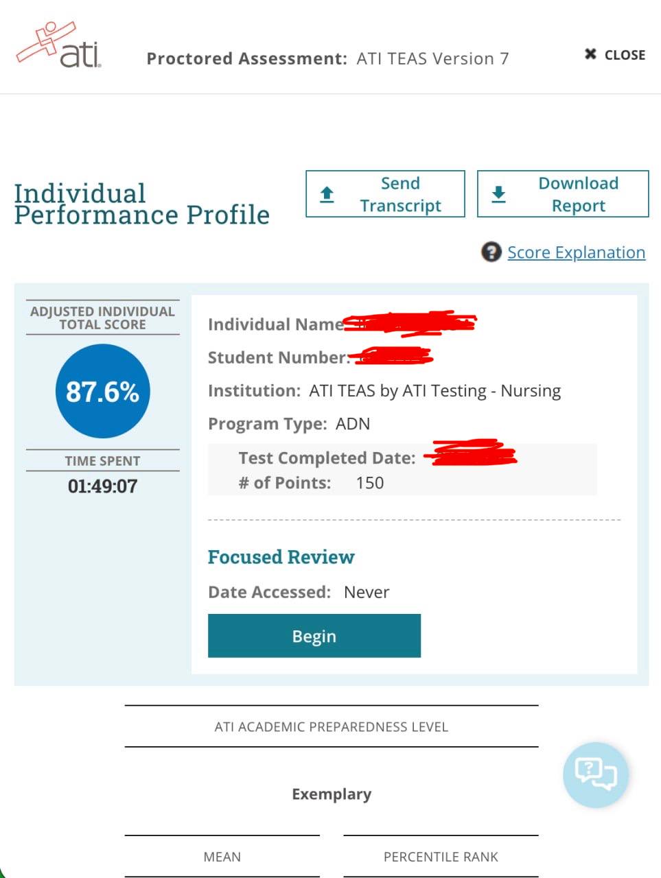 ATI TEAS 7 score 87.6%