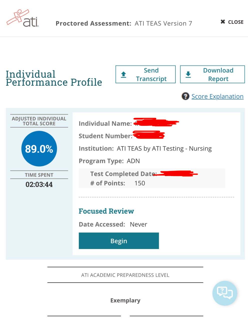 ATI TEAS 7 score 89.0%