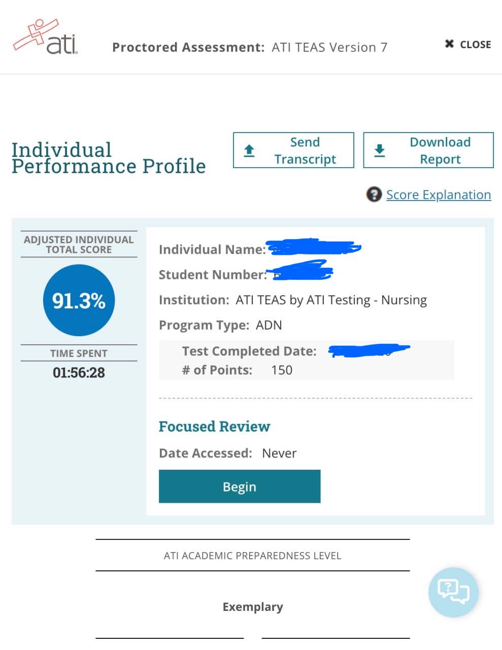 ATI TEAS 7 score 91.3%