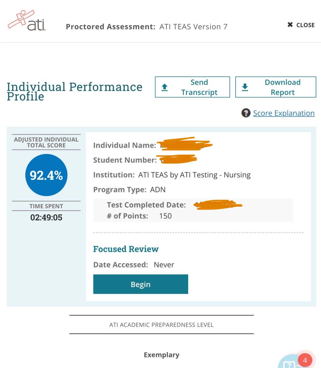 ATI TEAS 7 score 92.4%